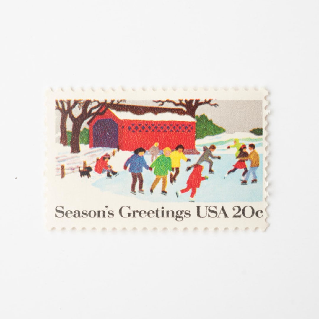 "20 Cent Season's Greetings Children Ice Skating Postage Stamps // Set of 10 // UNUSED Vintage Postage" - Postage Stamps in red by Flourish Fine Writing