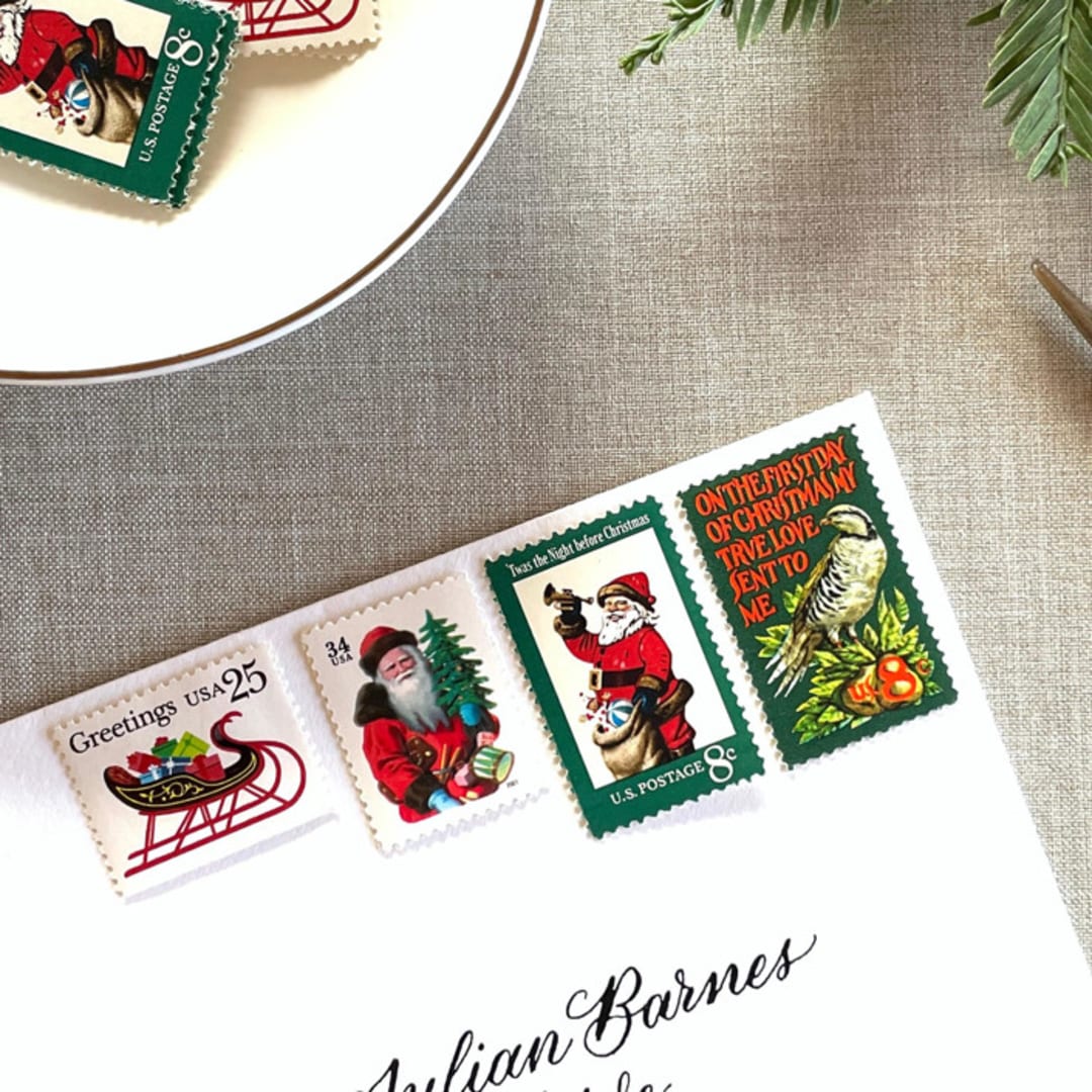 "Christmas Green Vintage Postage, 10 Sets" - Postage Stamps in green by Jennifer Kramer