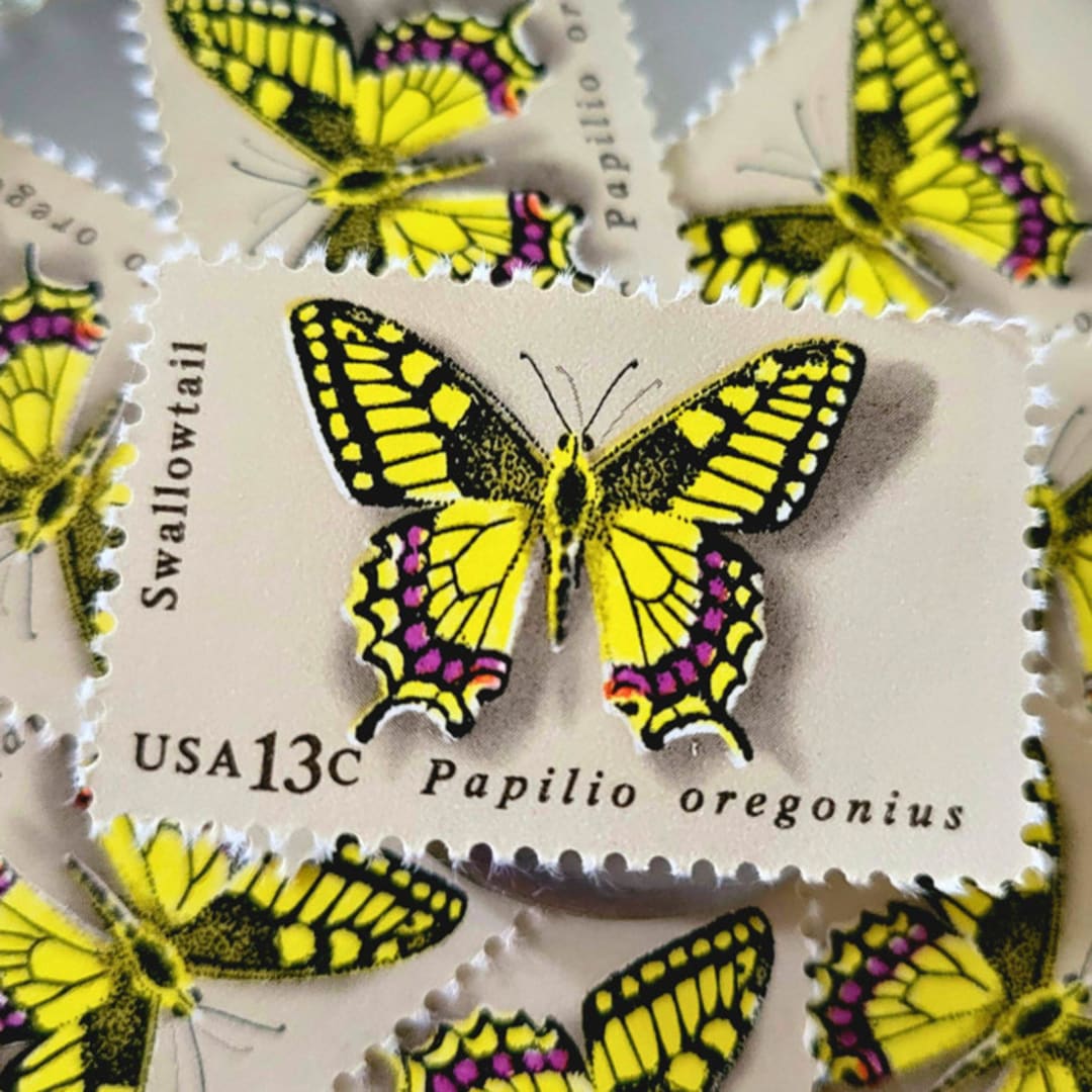 "Butterfly: Swallowtail | Vintage Stamp, 13 cents, 1977 | 5 each" - Postage Stamps in gold by The Silver Stamps