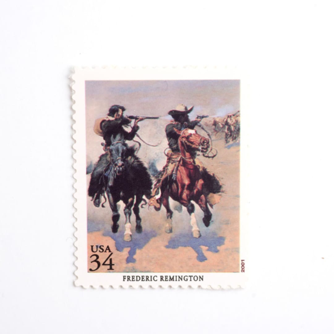 "34 Cent Frederic Remington Cowboy Postage Stamps // Set of 5 // UNUSED Vintage Stamps" - Postage Stamps in beige by Flourish Fine Writing