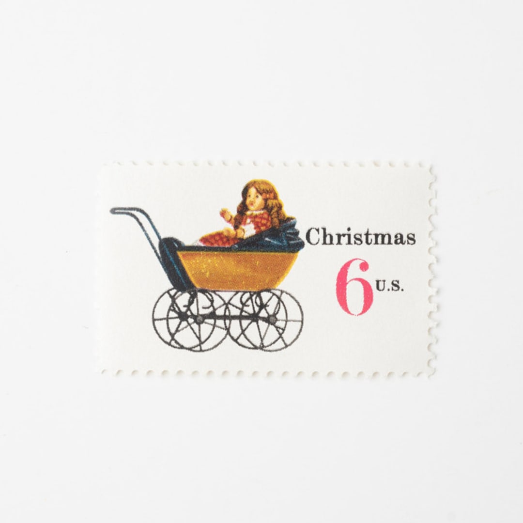 "6 Cent Christmas Doll Carriage Postage Stamps // Set of 10 // UNUSED Vintage Stamps" - Postage Stamps in red by Flourish Fine Writing