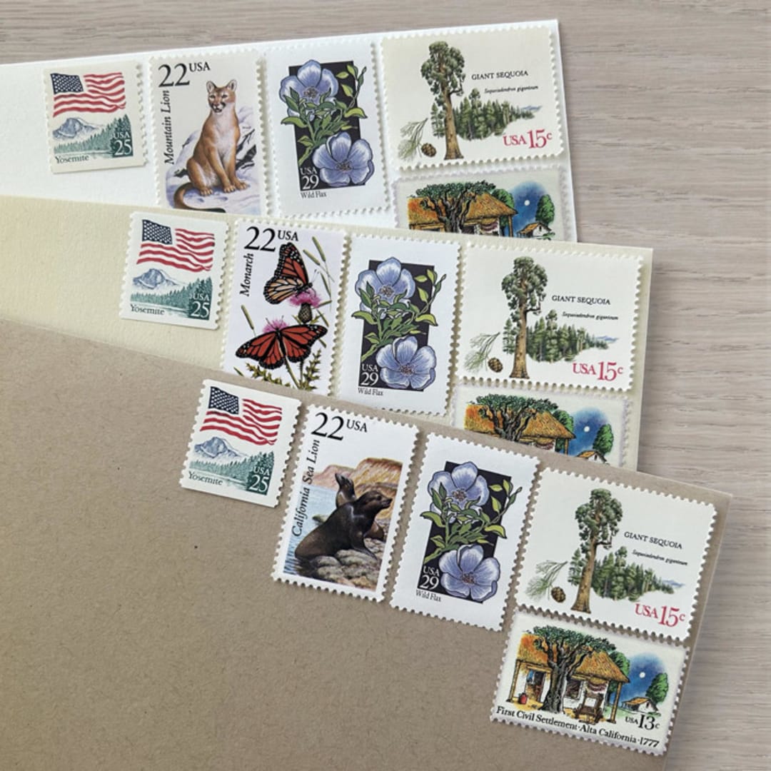 "$1.04 . California vintage postage stamps . Set of 5" - Postage Stamps in green by Kristen Melchor
