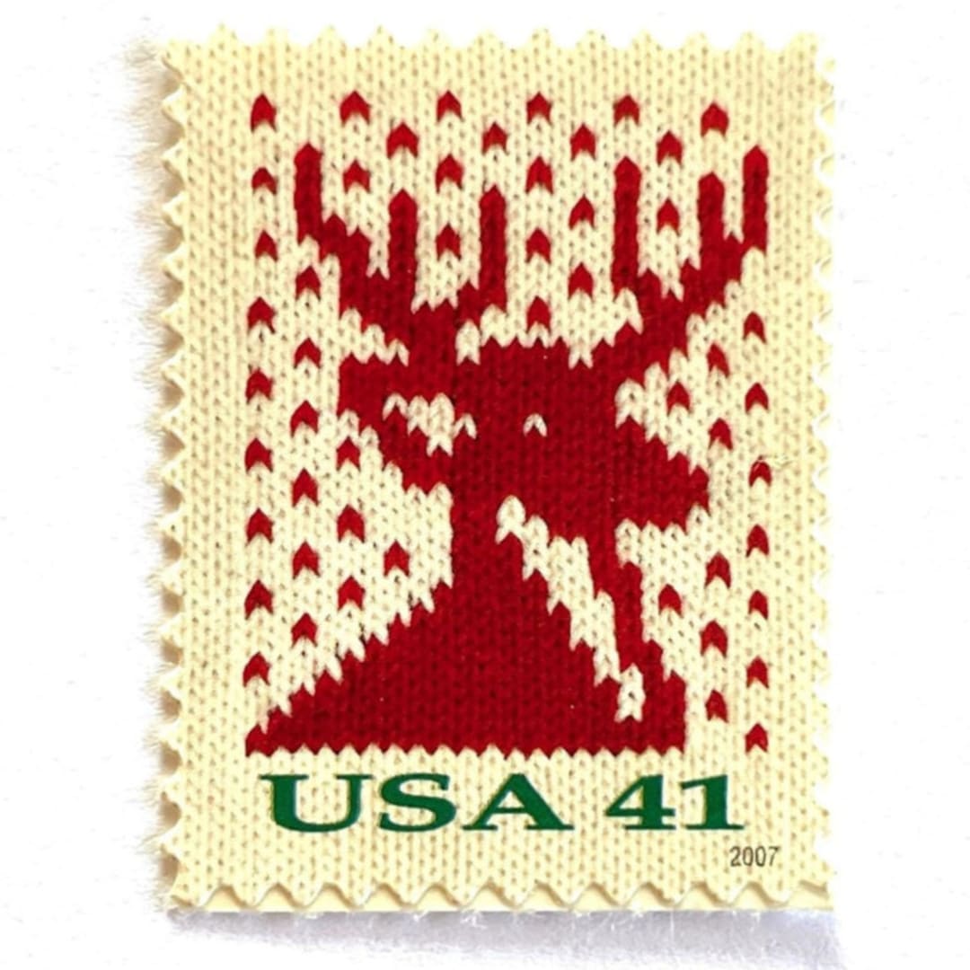 "Holiday Knits “Reindeer” Postage Stamps | Contemporary Christmas Series | Vintage Unused USPS Postage 41c | Pack of 10" - Postage Stamps in red by Jennifer Kramer
