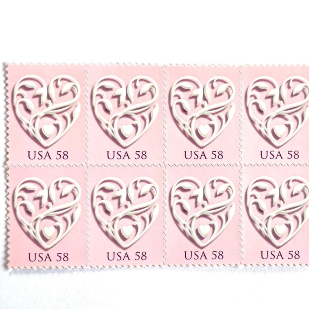 "Pink Wedding Hearts Postage Stamps | Wedding Series | Vintage Unused USPS Postage 58c | Pack of 10" - Postage Stamps in pink by Heritage Post House