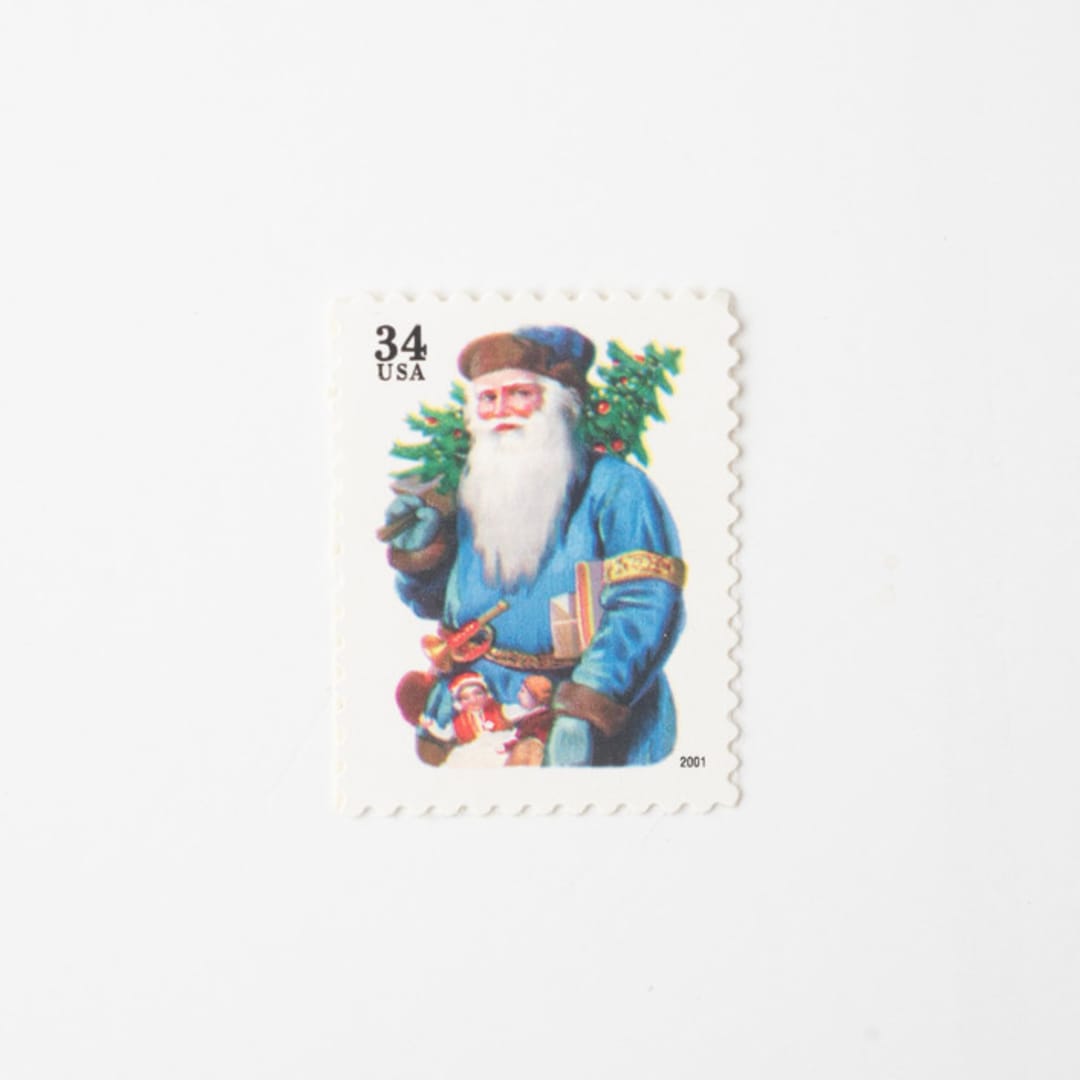 "34 Cent Blue Vintage Santa with Horn Postage Stamps // Set of 10 // UNUSED Holiday Postage" - Postage Stamps in blue by Flourish Fine Writing