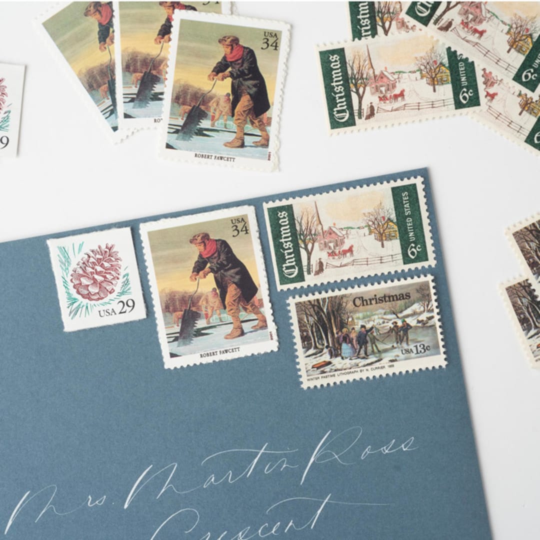 "Winter Pastimes Vintage Postage Set // Set of 5 // Ice Skating // Ice Fishing // Nature // UNUSED" - Postage Stamps in green by Flourish Fine Writing