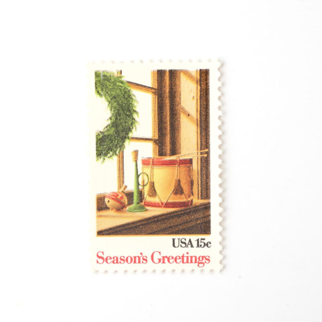 "15 Cent Christmas Wreath & Toys Postage Stamps // Set of 10 // UNUSED Vintage Stamps" - Postage Stamps in green by Flourish Fine Writing