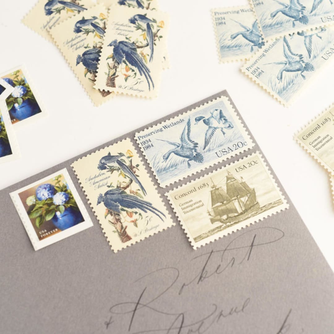 "Blue and Neutral Preserving Wetlands Postage Set // Set  of 5 // $1.23 in  postage" - Postage Stamps in blue by Flourish Fine Writing