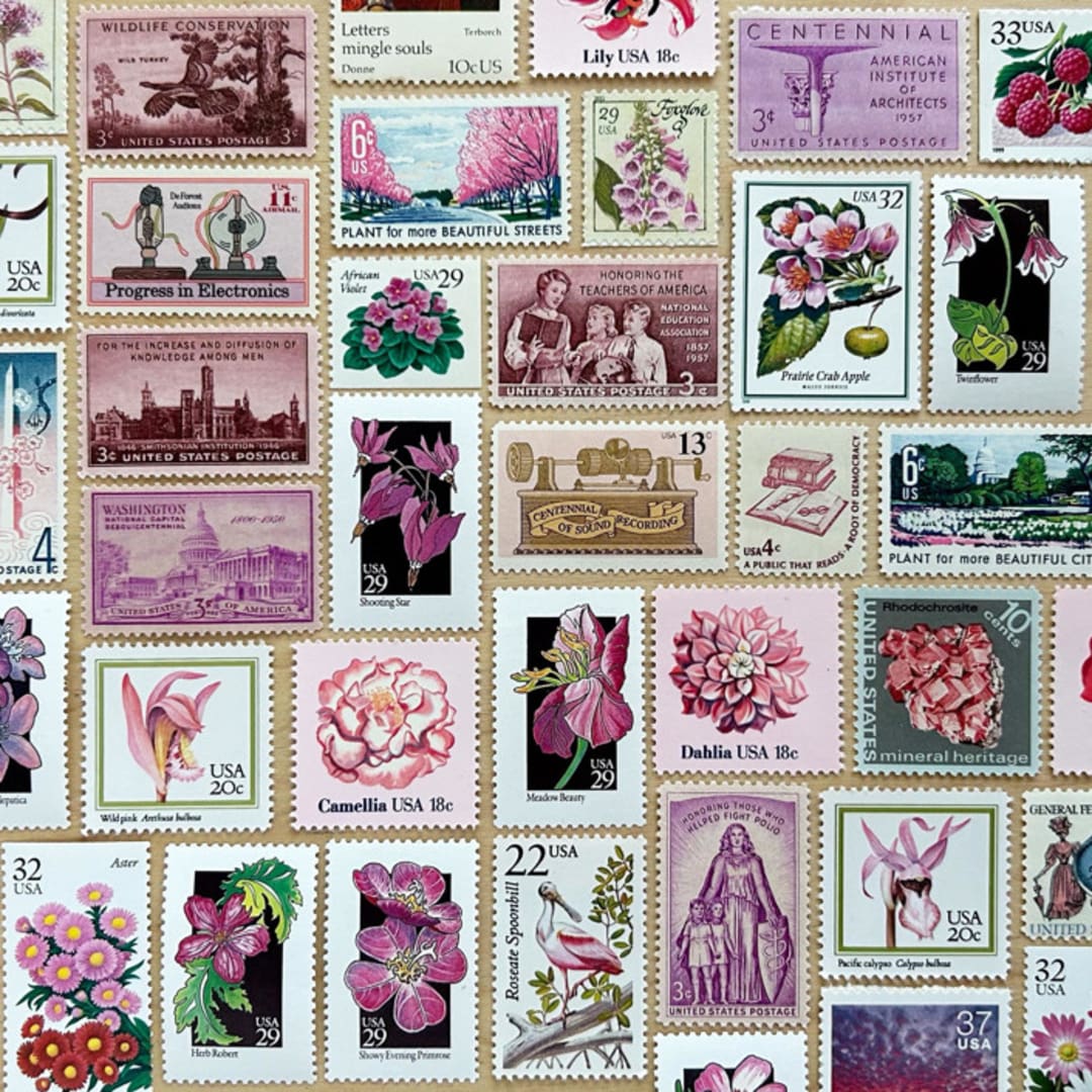 "78 cents . Pink Vintage Postage Stamp Variety Pack . Set of 5" - Postage Stamps in pink by Kristen Melchor