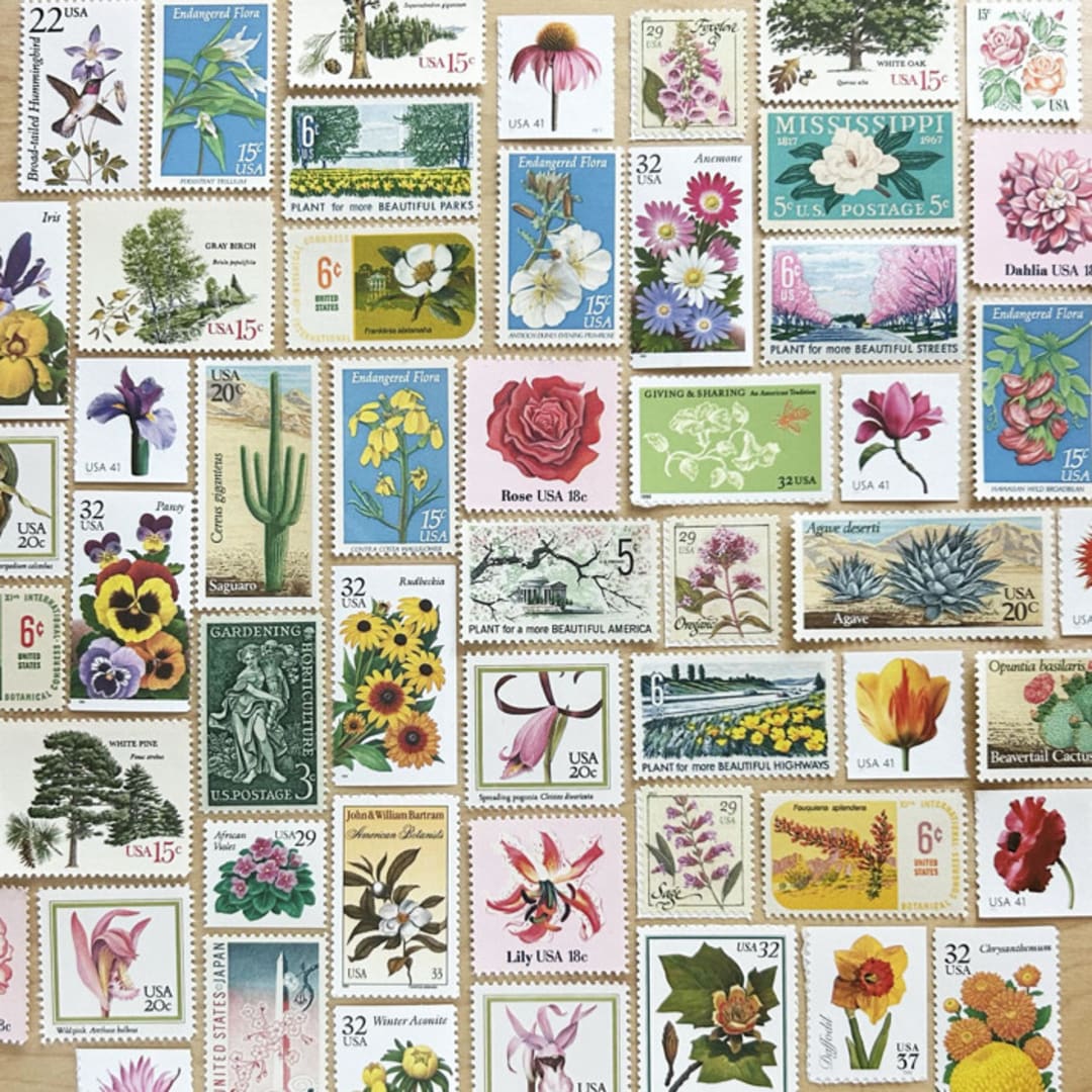 "$1.07 . FLORAL vintage postage stamp variety pack . Set of 5" - Postage Stamps in multicolorassorted-colors by Kristen Melchor