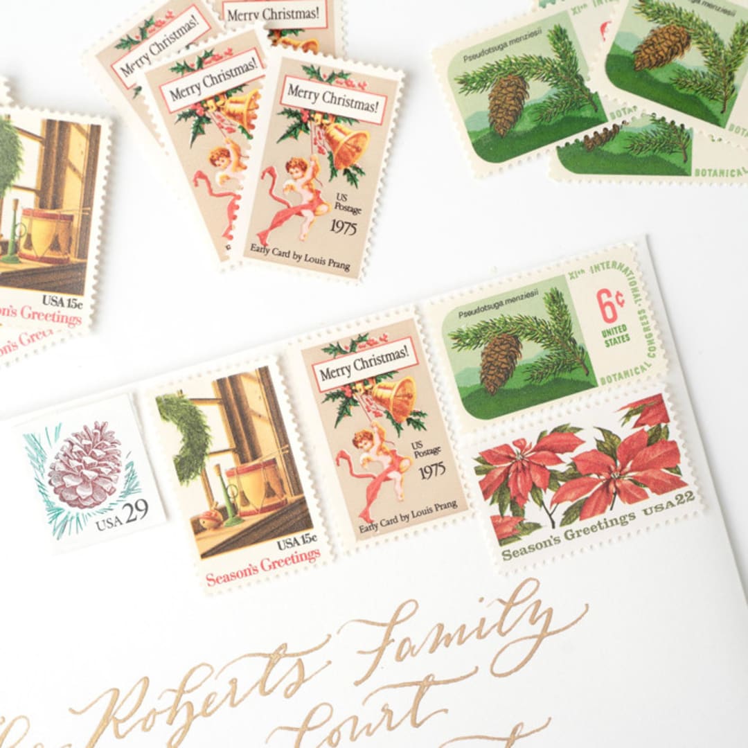 "Poinsettias & Angels Vintage Holiday Postage Set // Set of 5 // UNUSED // Red & Green" - Postage Stamps in green by Flourish Fine Writing