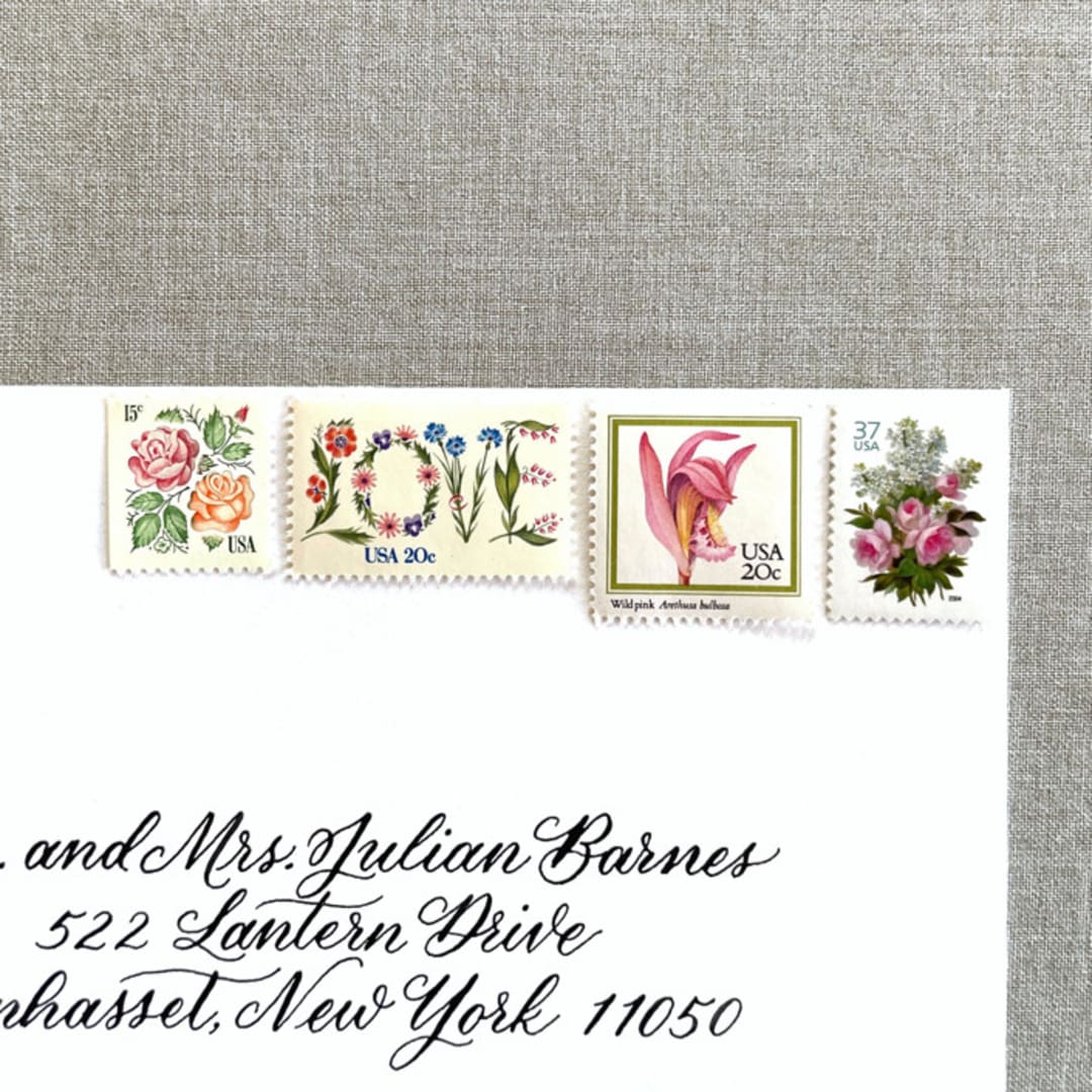 "Pink Floral Love Vintage Postage, 10 Sets" - Postage Stamps in pink by Jennifer Kramer