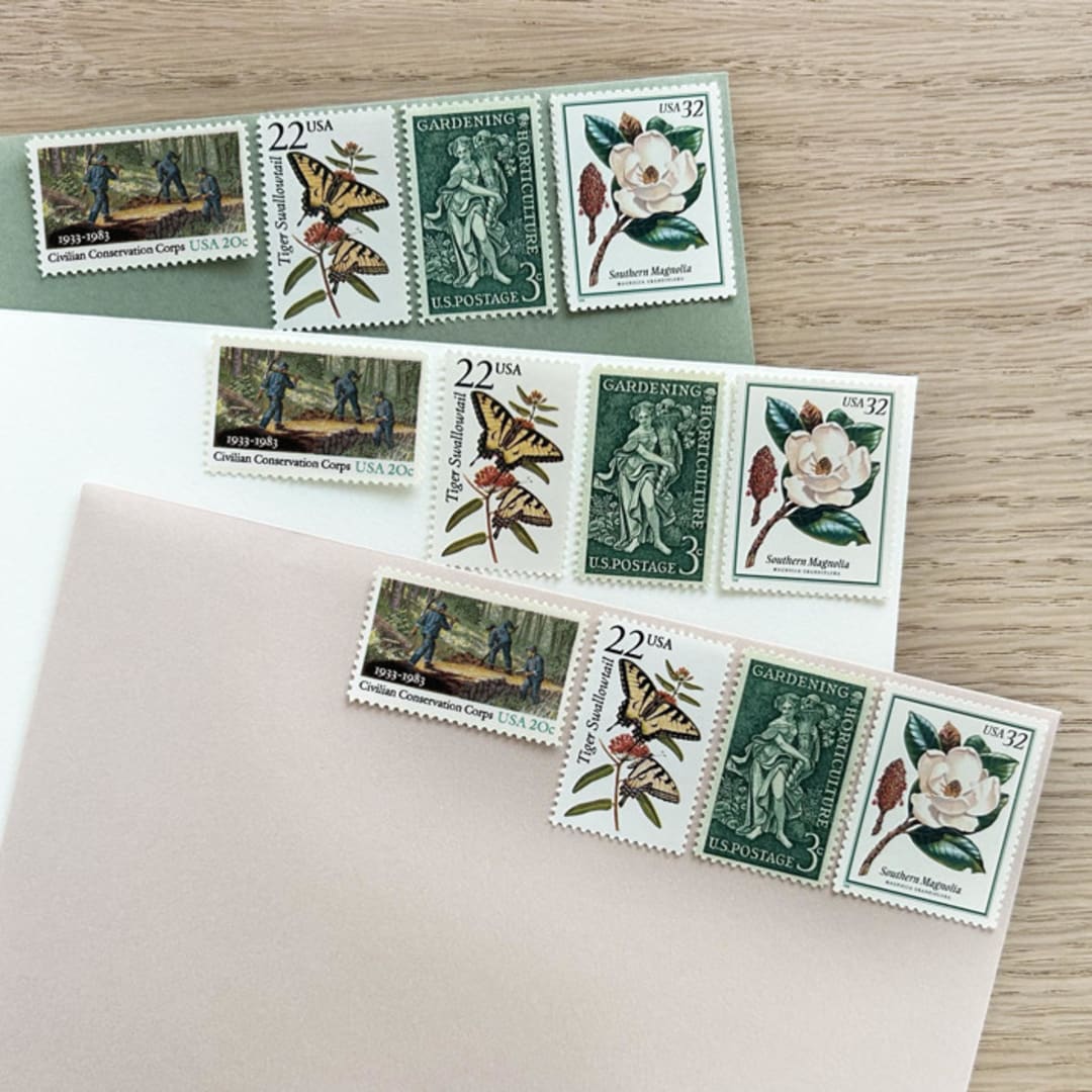 "77 cents . Floral vintage postage stamps . Set of 5" - Postage Stamps in green by Kristen Melchor