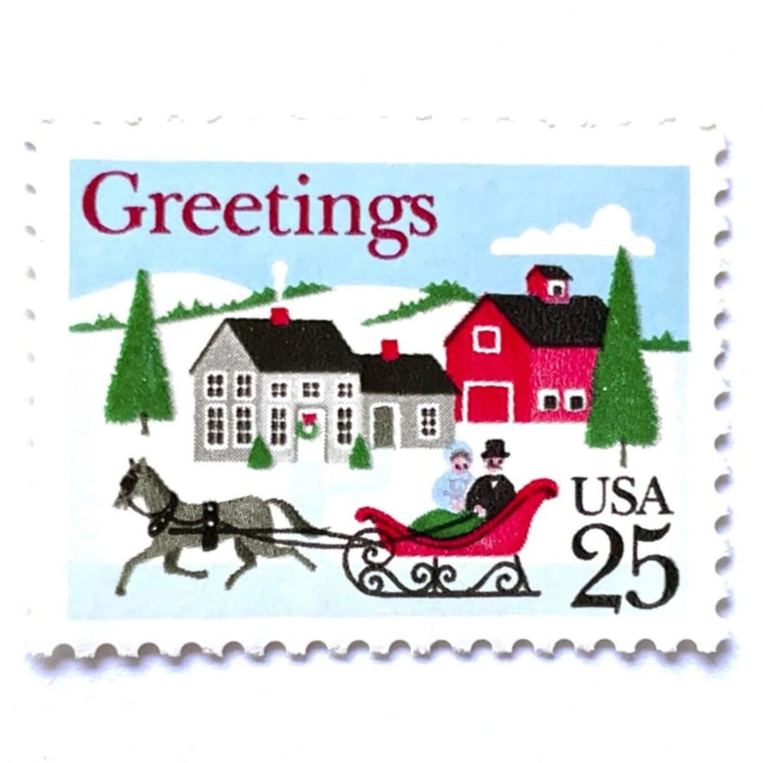 ""Sleigh and Village Scene" Postage Stamps | Contemporary Christmas Series | Unused USPS Postage 25c | Pack of 20" - Postage Stamps in multicolor by Heritage Post House