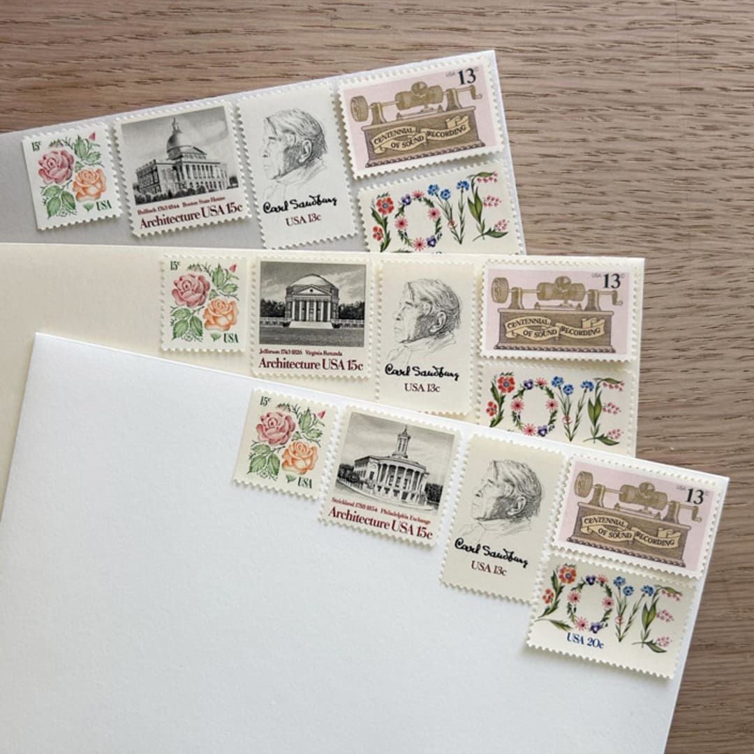 "76 cents . Floral Love vintage postage stamps . Set of 5" - Postage Stamps in white by Kristen Melchor
