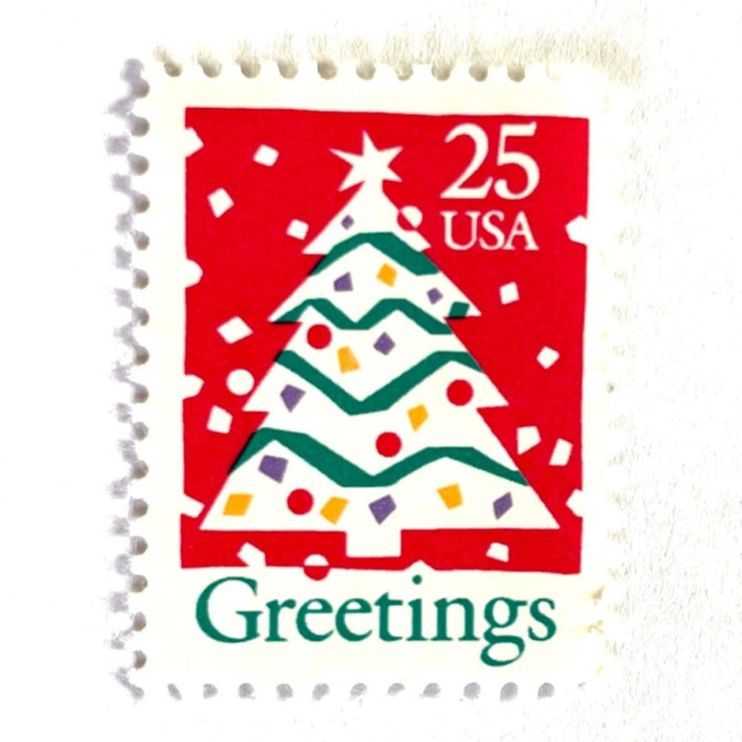 ""Christmas Tree and Greetings" Postage Stamps | Contemporary Christmas Series | Unused USPS Postage 25c | Pack of 10" - Postage Stamps in red by Heritage Post House