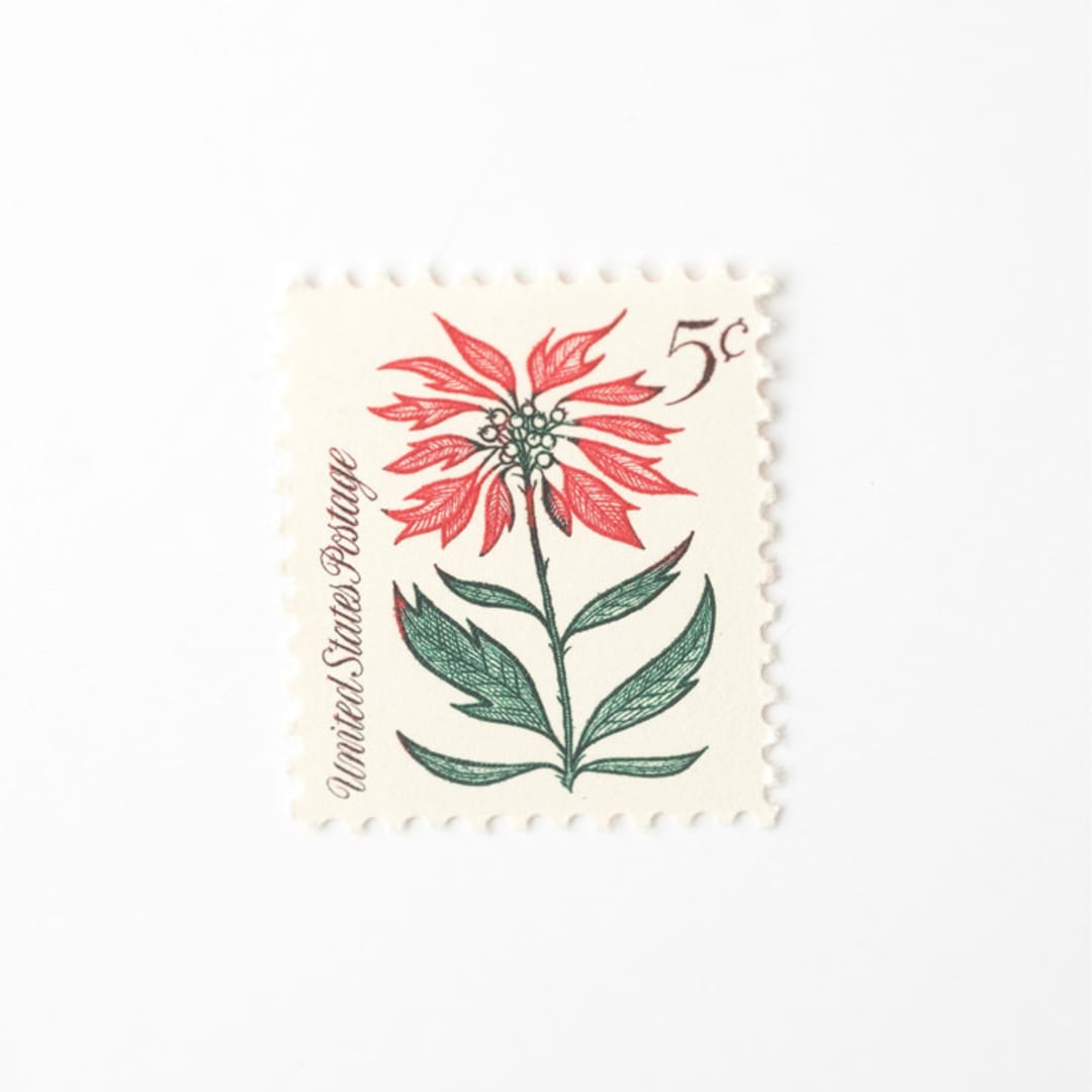 "5 Cent Christmas Poinsettia Postage Stamps // Set of 10 // UNUSED Vintage Stamps" - Postage Stamps in red by Flourish Fine Writing