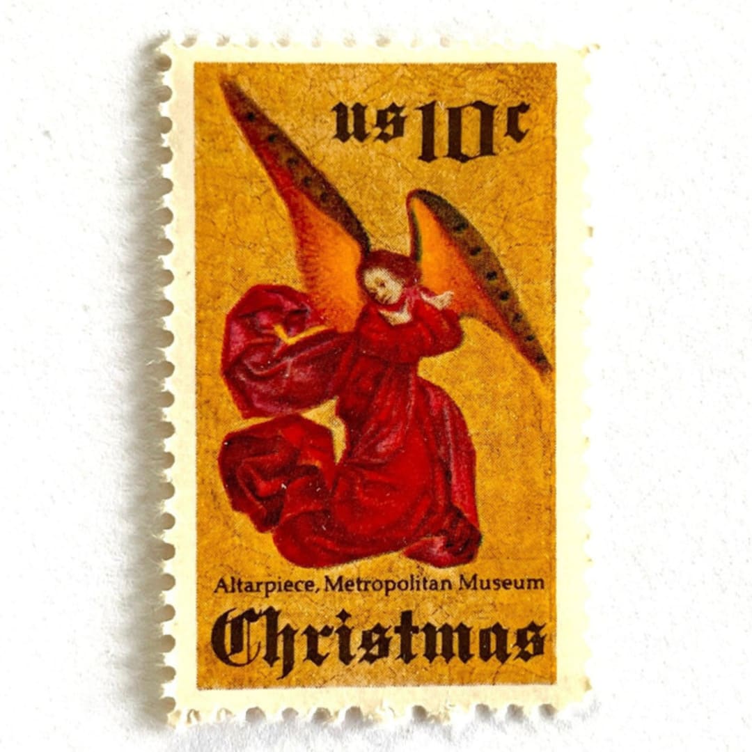 ""Angel Altarpiece" Postage Stamps | Traditional Christmas Series | Unused USPS Postage 10c | Pack of 20" - Postage Stamps in red by Jennifer Kramer