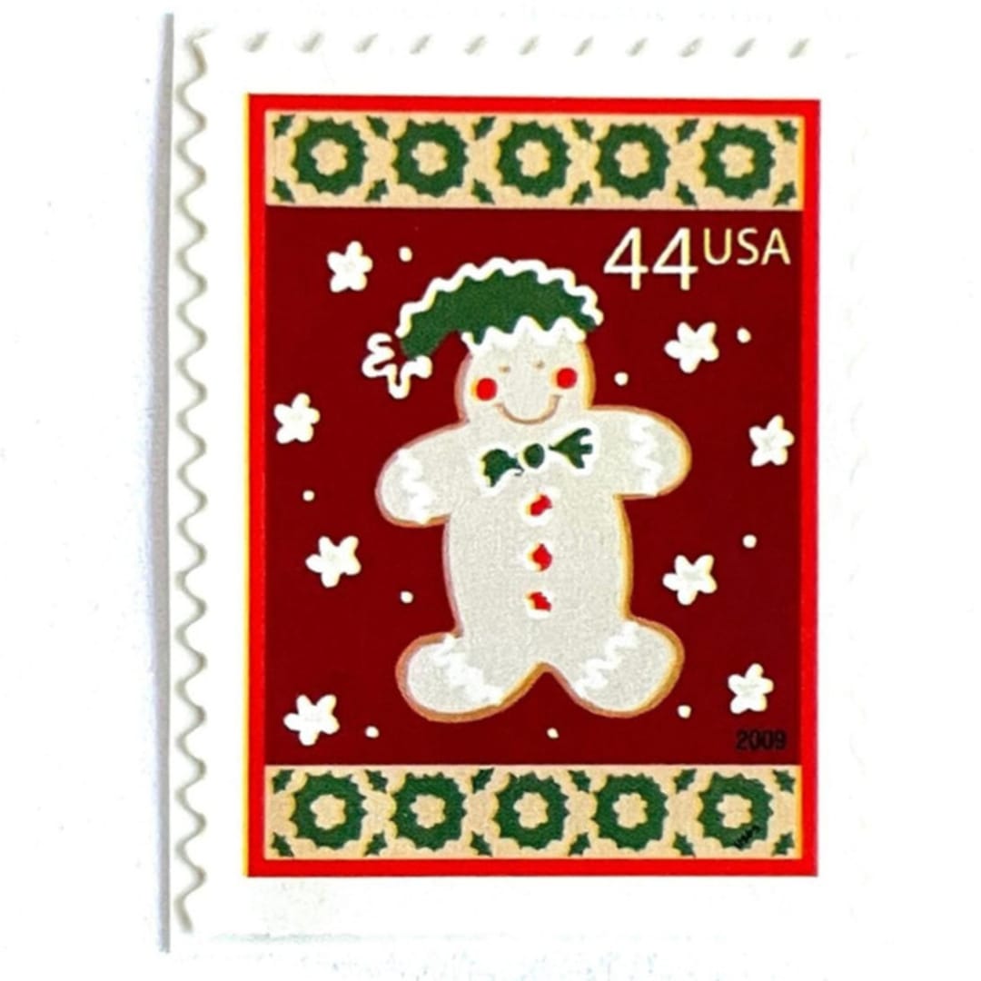 "Winter Holidays “Gingerbread Man” Postage Stamps | Contemporary Christmas Series | Vintage Unused USPS Postage 44c | Pack of 10" - Postage Stamps in red by Jennifer Kramer