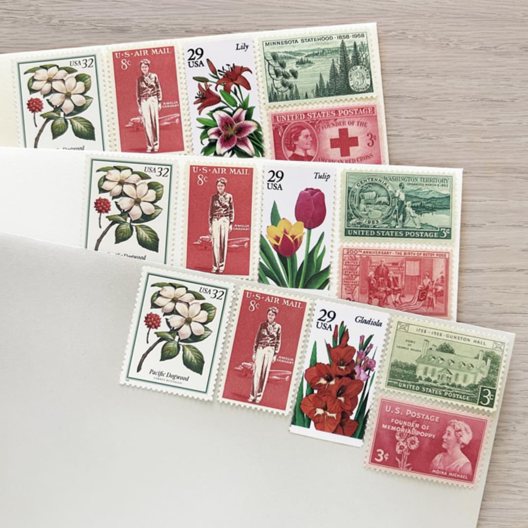 "75 cents . Red & Green Vintage Postage Stamps . Set of 5" - Postage Stamps in red by Kristen Melchor