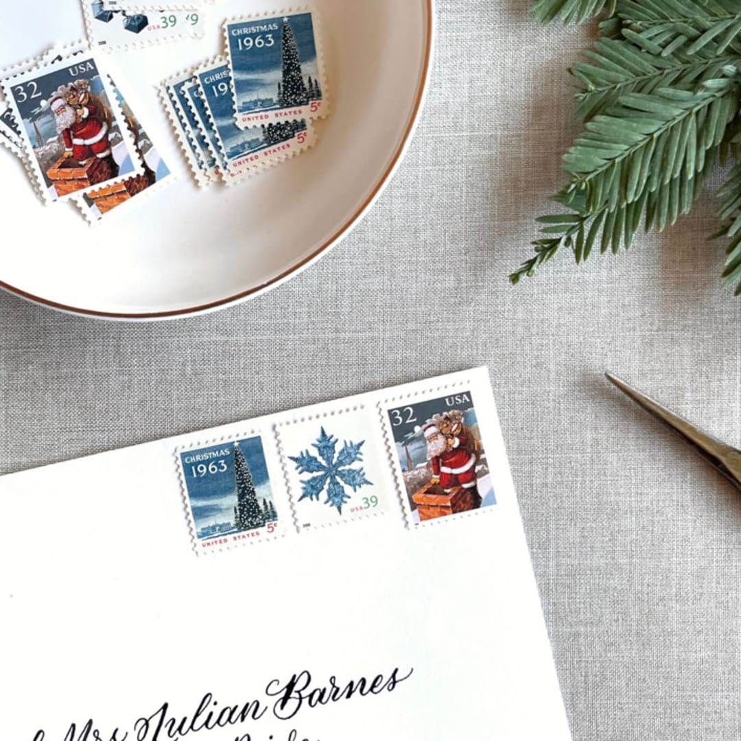 "Christmas Blue Santa Vintage Postage, 10 Sets" - Postage Stamps in blue by Jennifer Kramer