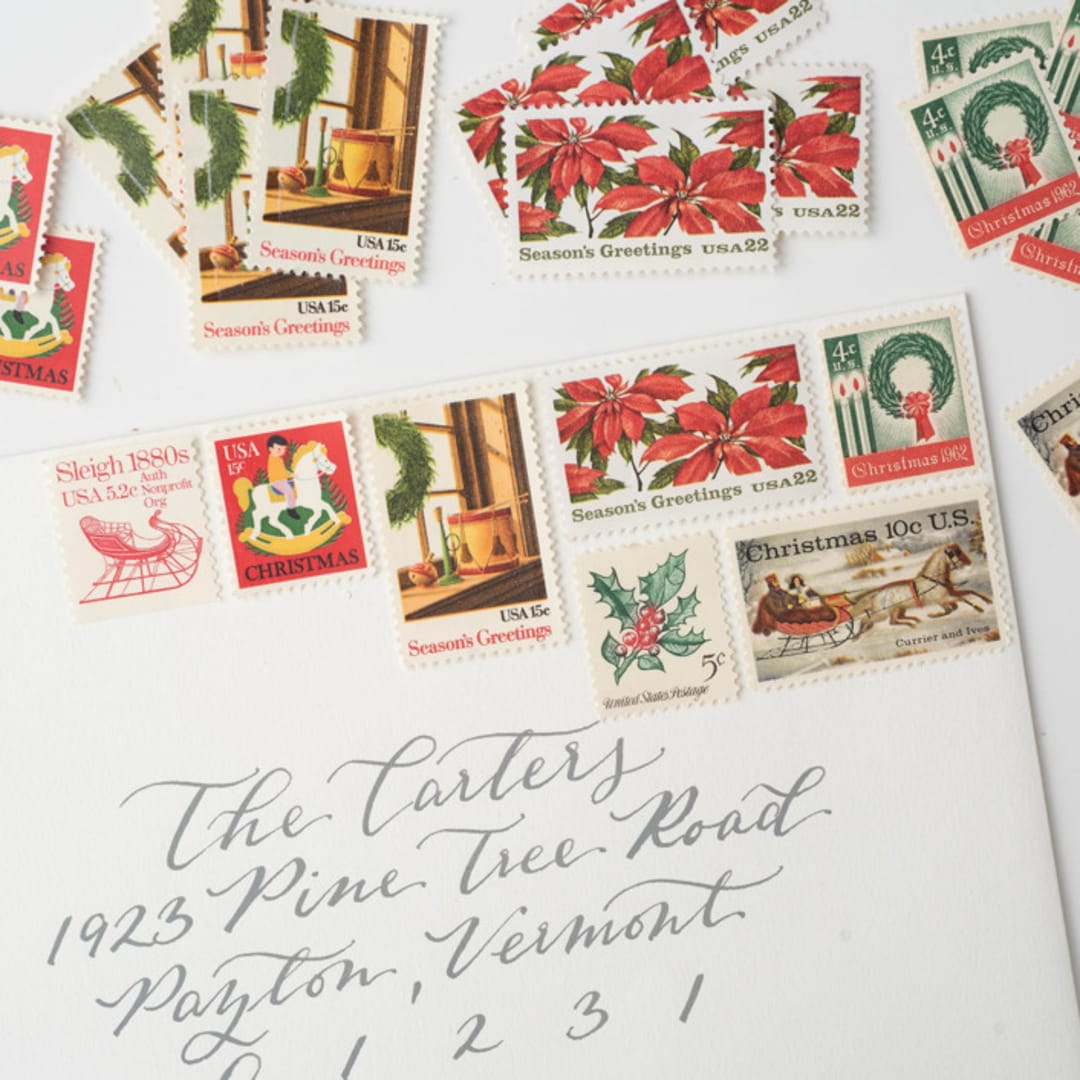 "Red & Green Christmas Vintage Postage Set // Set of 5 // UNUSED // Wreath & Sleighs" - Postage Stamps in red by Flourish Fine Writing