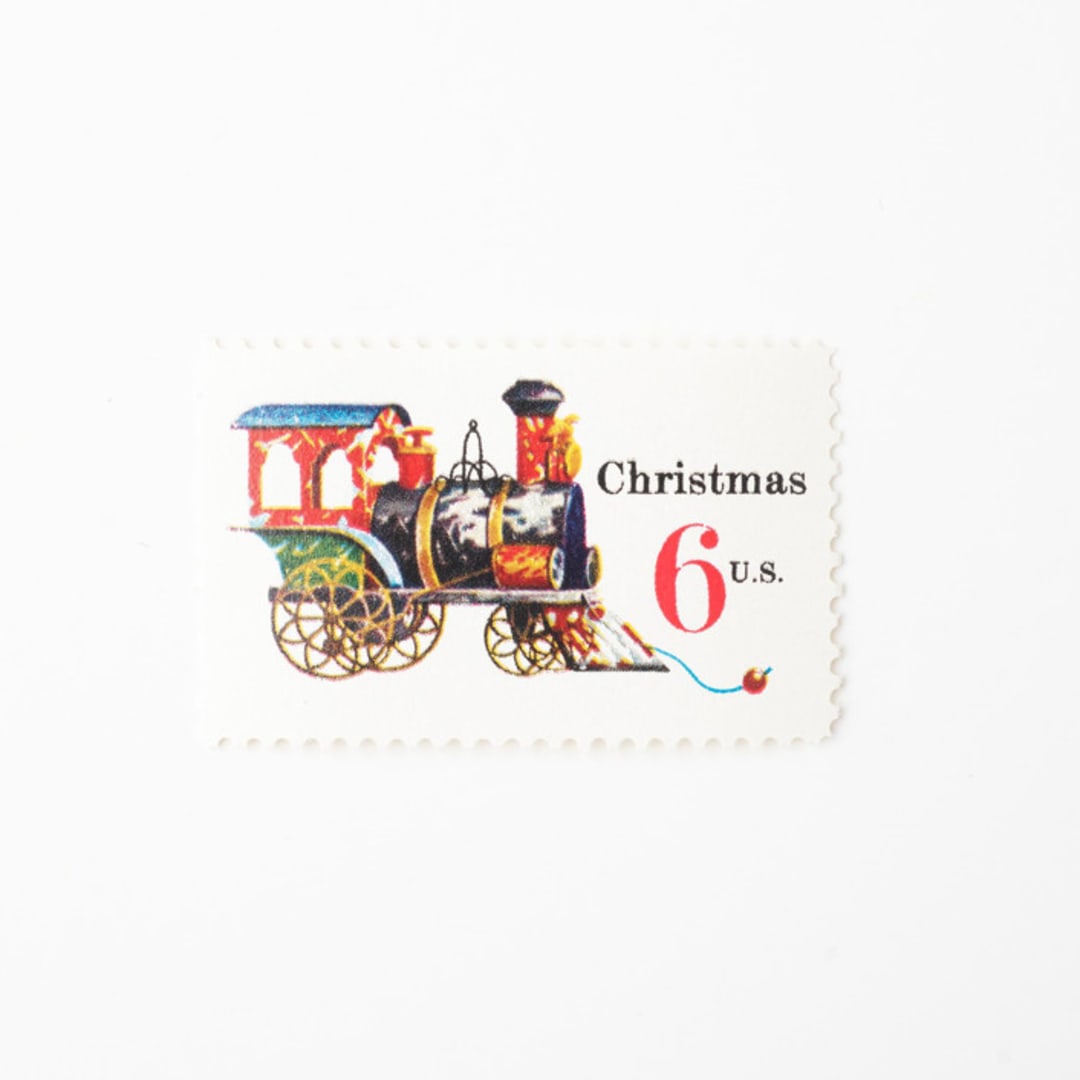 "6 Cent Christmas Toy Locomotive Postage Stamps // Set of 10 // Train // UNUSED Vintage Stamps" - Postage Stamps in red by Flourish Fine Writing