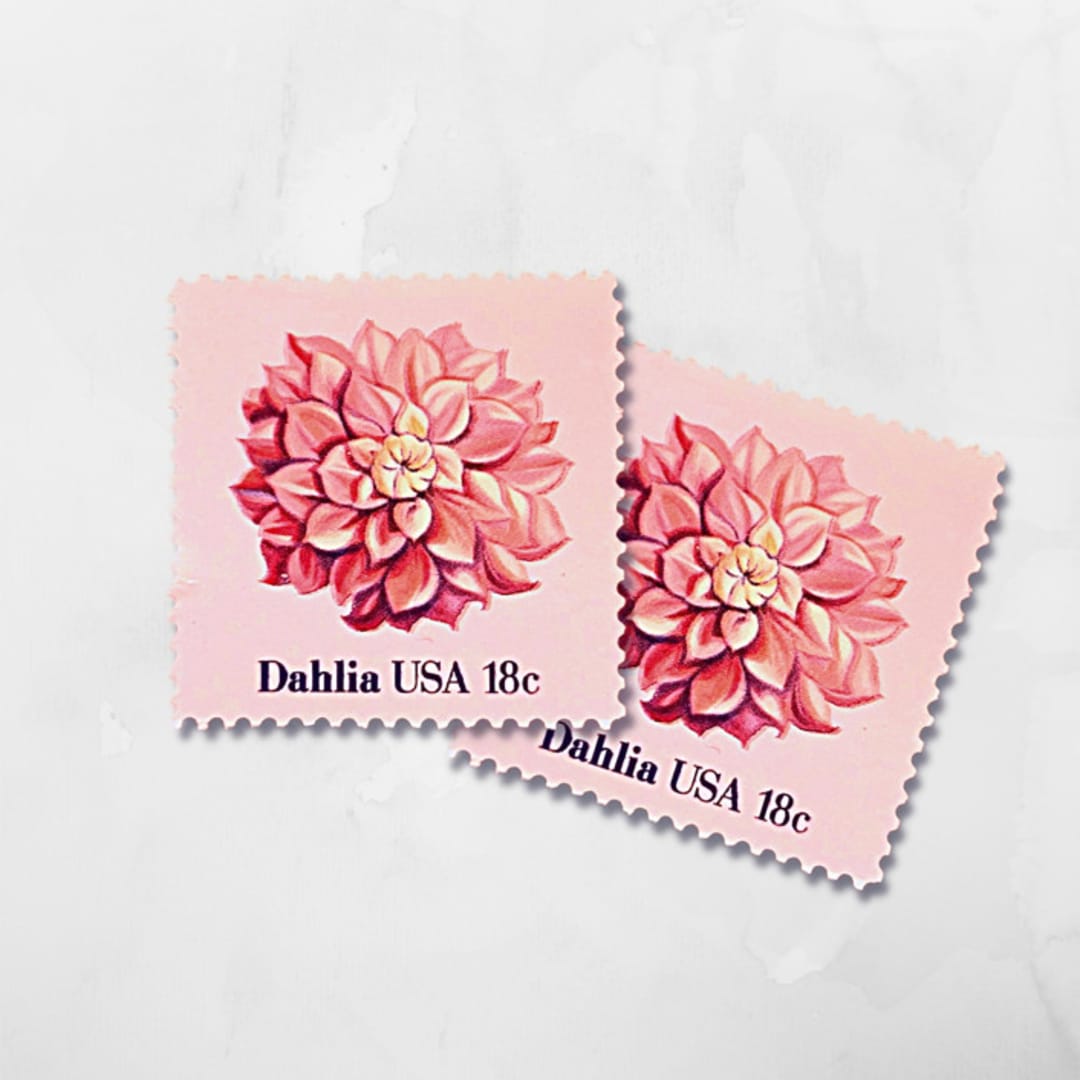 "Dahlia | Vintage Stamp, 18 cents, 1981 | 5 each" - Postage Stamps in pink by The Silver Stamps