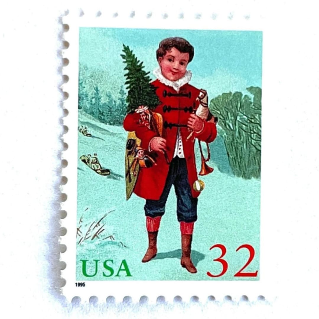 "“Child with Tree”  Postage Stamps | Santa and Children Set | Contemporary Christmas Series | Vintage Unused USPS Postage 32c | Pack of 10" - Postage Stamps in green by Jennifer Kramer