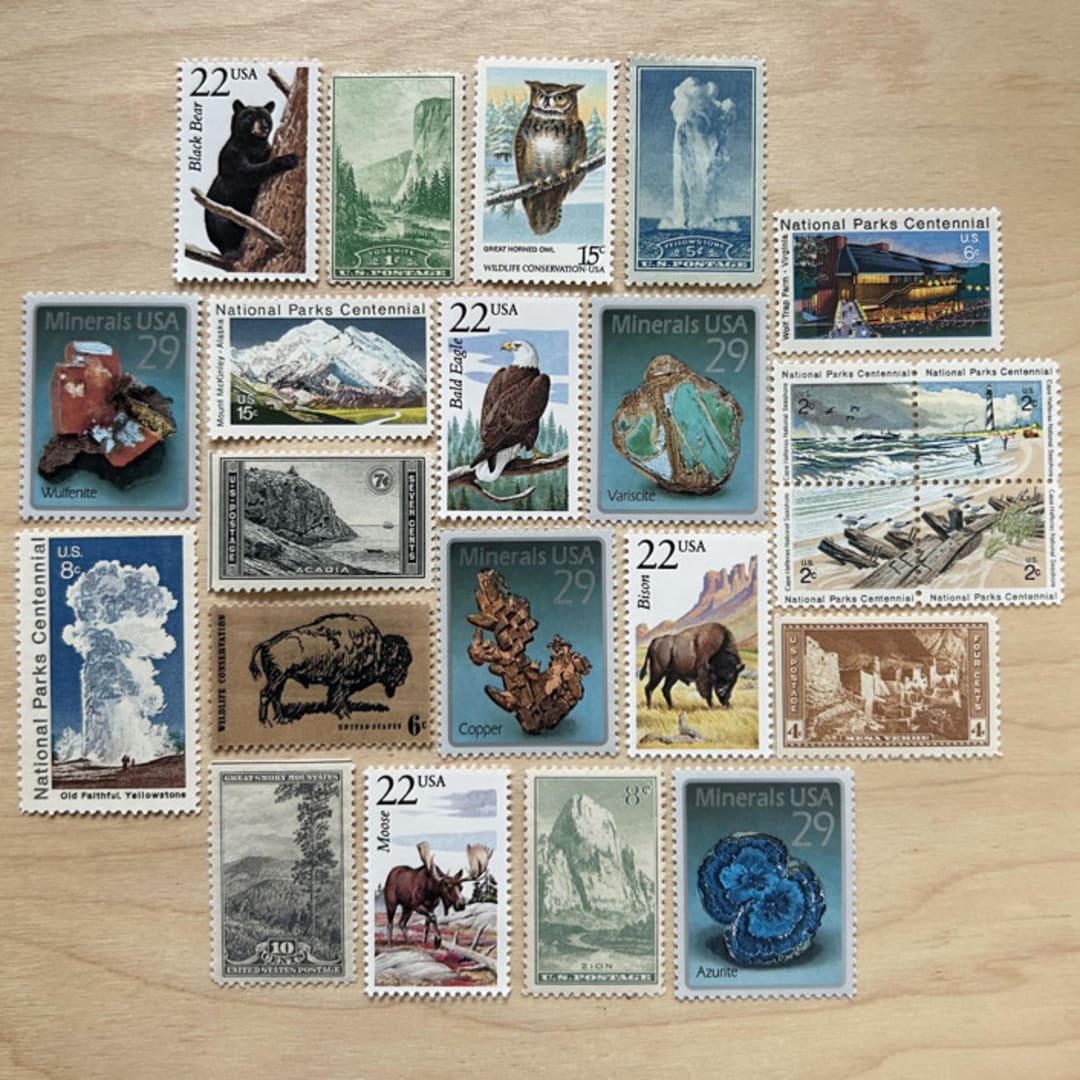 "78 cents . National Parks vintage postage stamps . Set of 5" - Postage Stamps in multicolor by Kristen Melchor