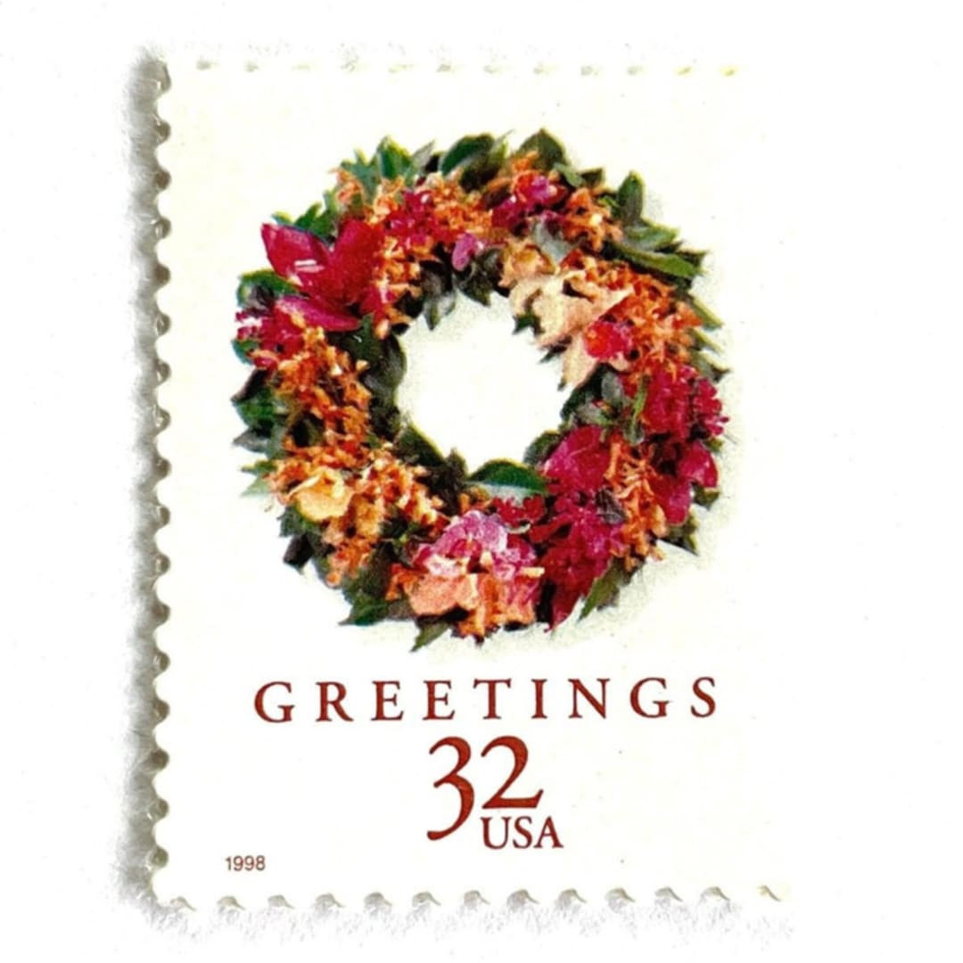 ""Tropical Wreath" Postage Stamps | Christmas Wreaths Series| Unused USPS Postage 32c | Pack of 10" - Postage Stamps in red by Jennifer Kramer