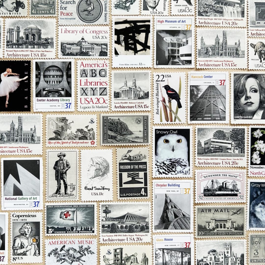 "78 cents . Black Vintage Postage Stamp Variety Pack . Set of 5" - Postage Stamps in black by Kristen Melchor