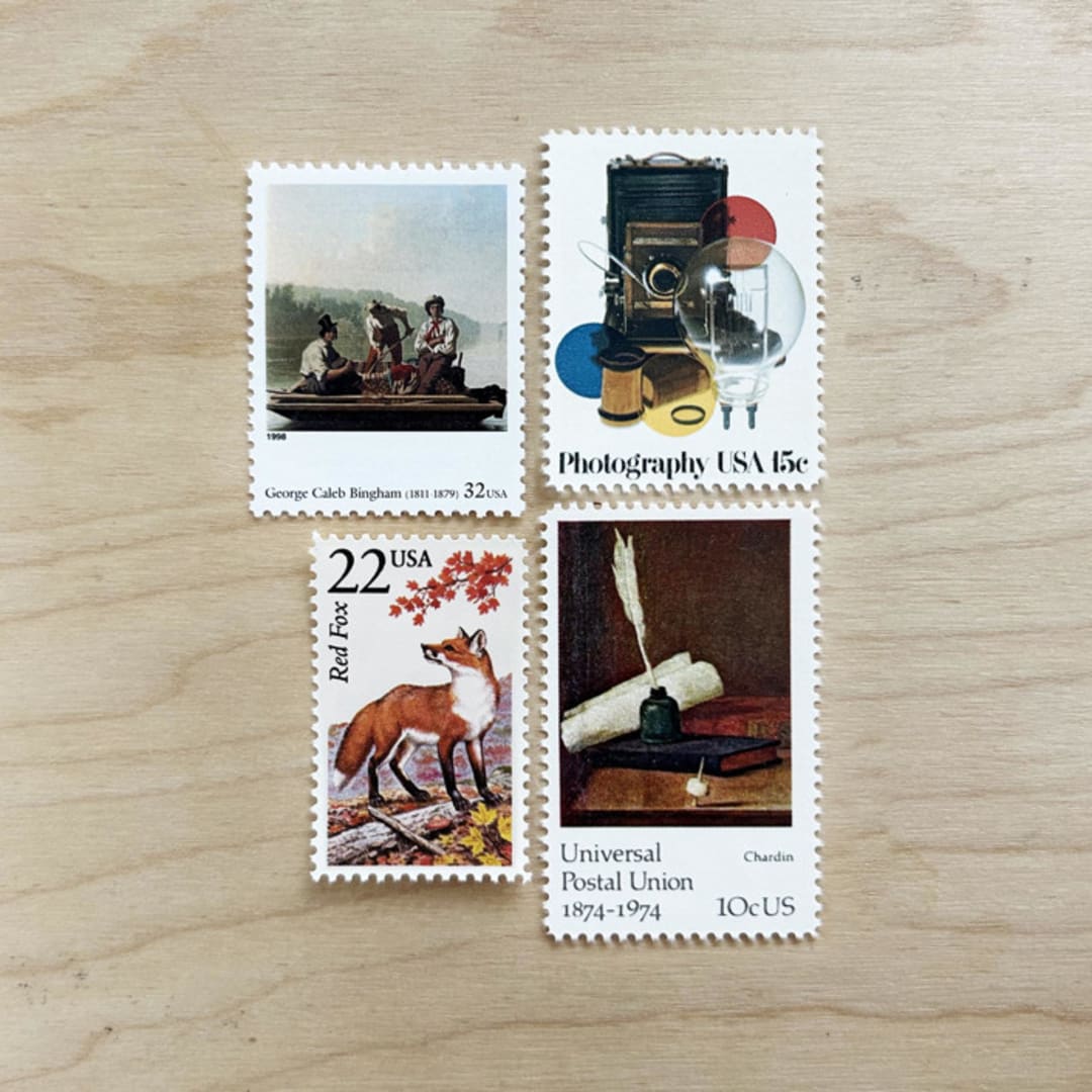 "79 cents . Neutral Art vintage postage stamps . Set of 5" - Postage Stamps in natural by Kristen Melchor