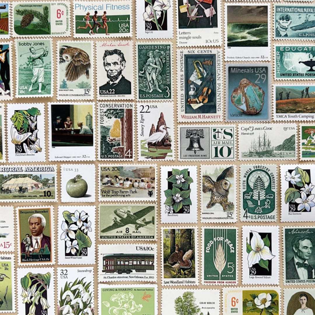 "78 cents . Green Vintage Postage Stamp Variety Pack . Set of 5" - Postage Stamps in green by Kristen Melchor