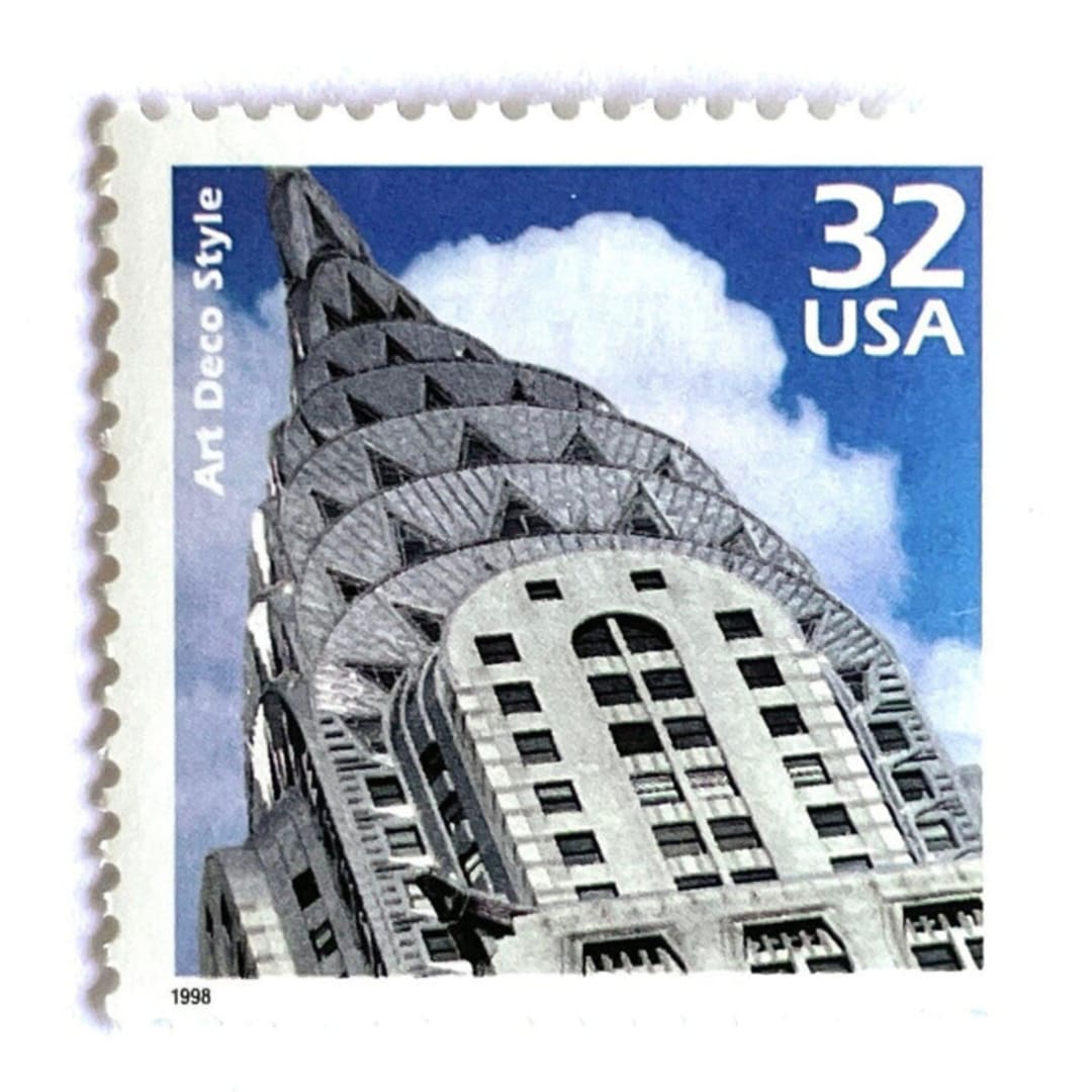 ""Art Deco" Chrysler Building New York City Postage Stamps | Celebrate the Century - 1920s | Unused USPS Postage 32c | Pack of 10" - Postage Stamps in blue by Heritage Post House