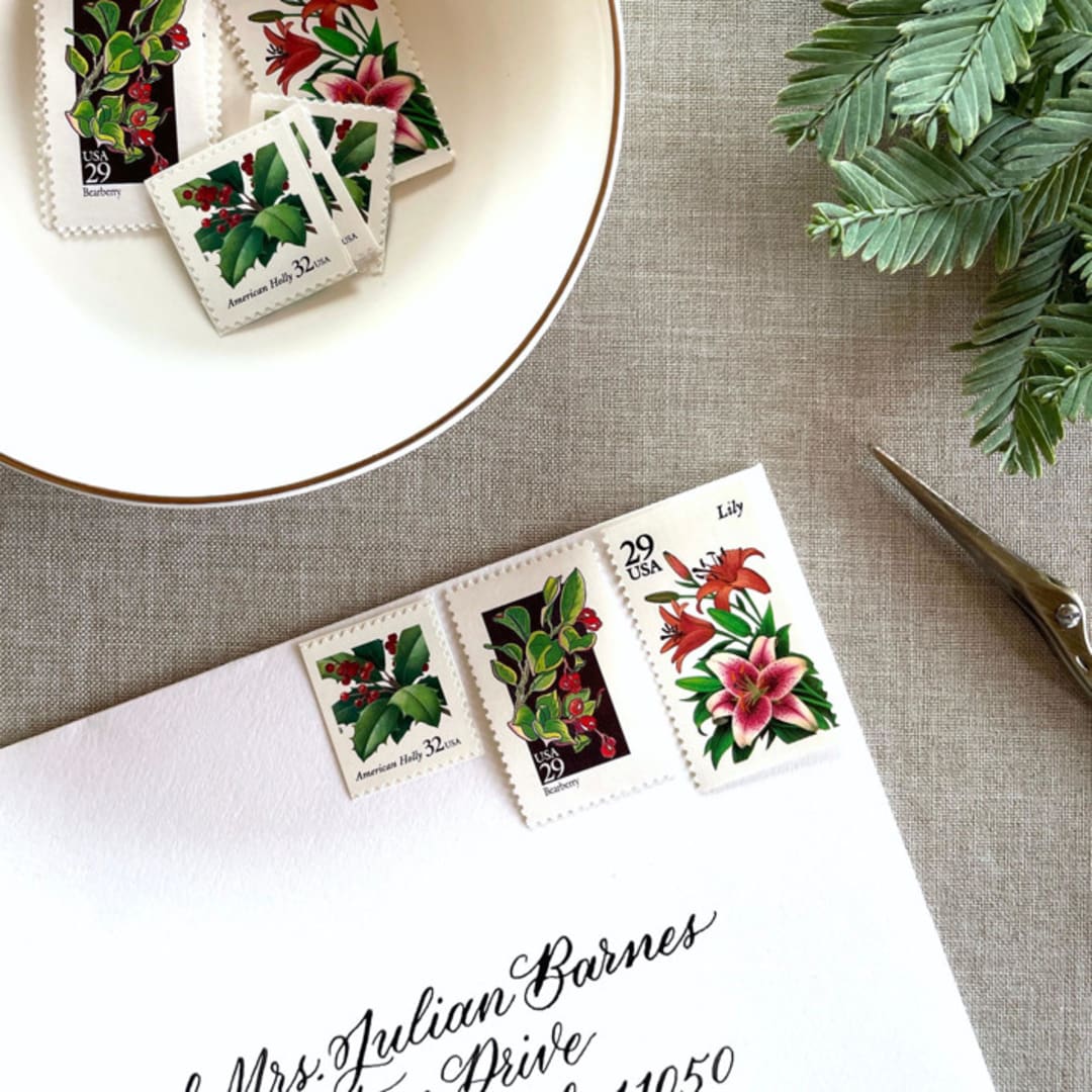 "Holiday Botanical Vintage Postage, 10 Sets" - Postage Stamps in multicolor by Jennifer Kramer