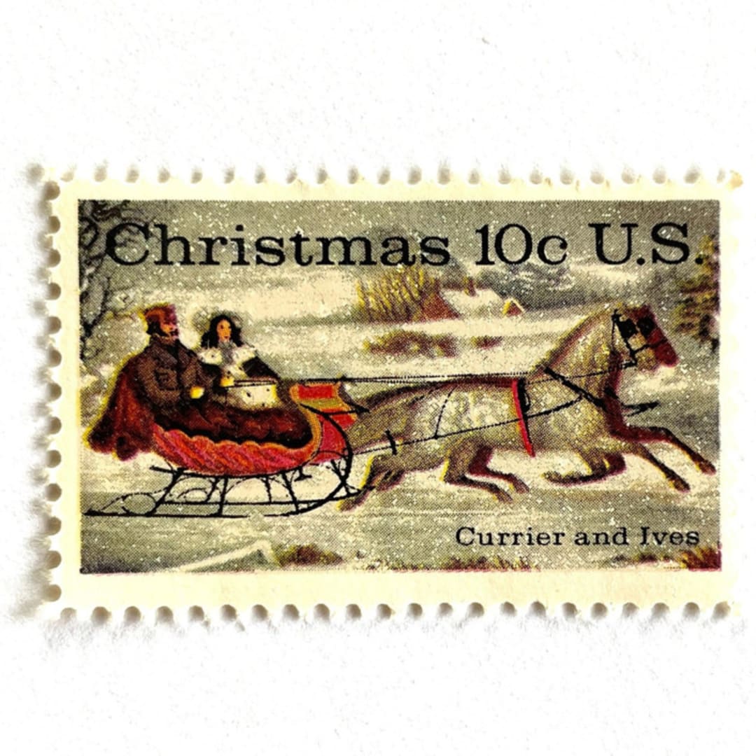 ""Currier and Ives Winter Road" Postage Stamps | Christmas Issue | Unused USPS Postage 10c | Pack of 20" - Postage Stamps in natural by Heritage Post House