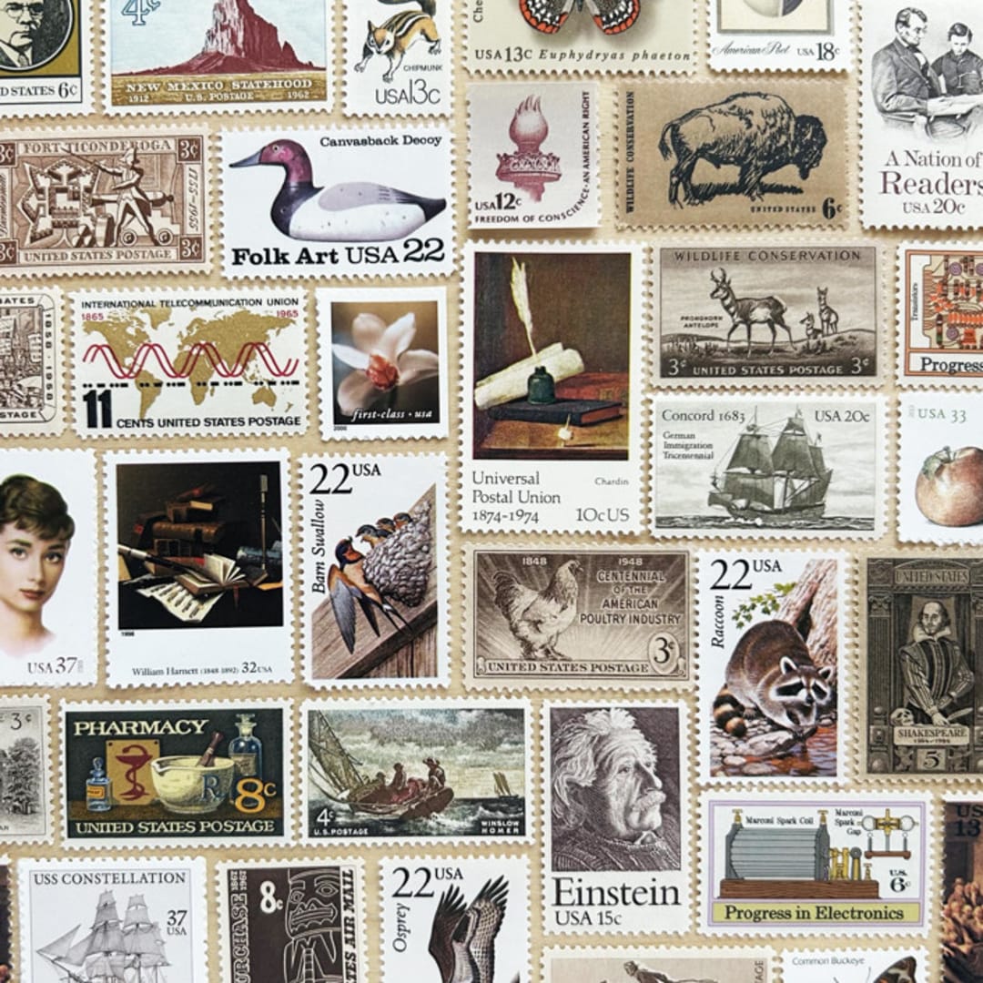 "$1.07 . Neutral Vintage Postage Stamp Variety Pack . Set of 5" - Postage Stamps in natural by Kristen Melchor