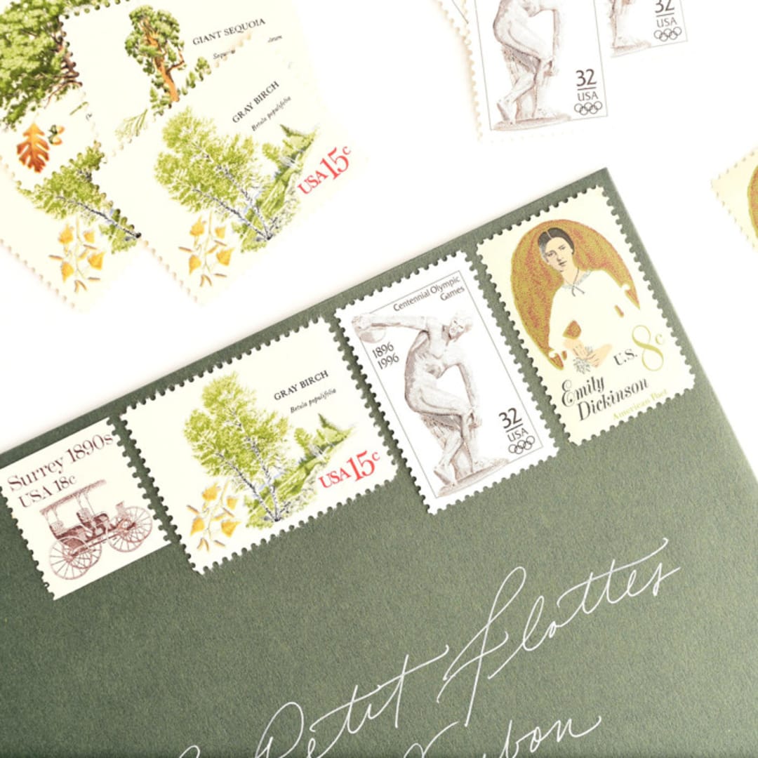 "Literature and Gardens Vintage Postage Set // Set of 5 // $.73 in postage" - Postage Stamps in green by Flourish Fine Writing