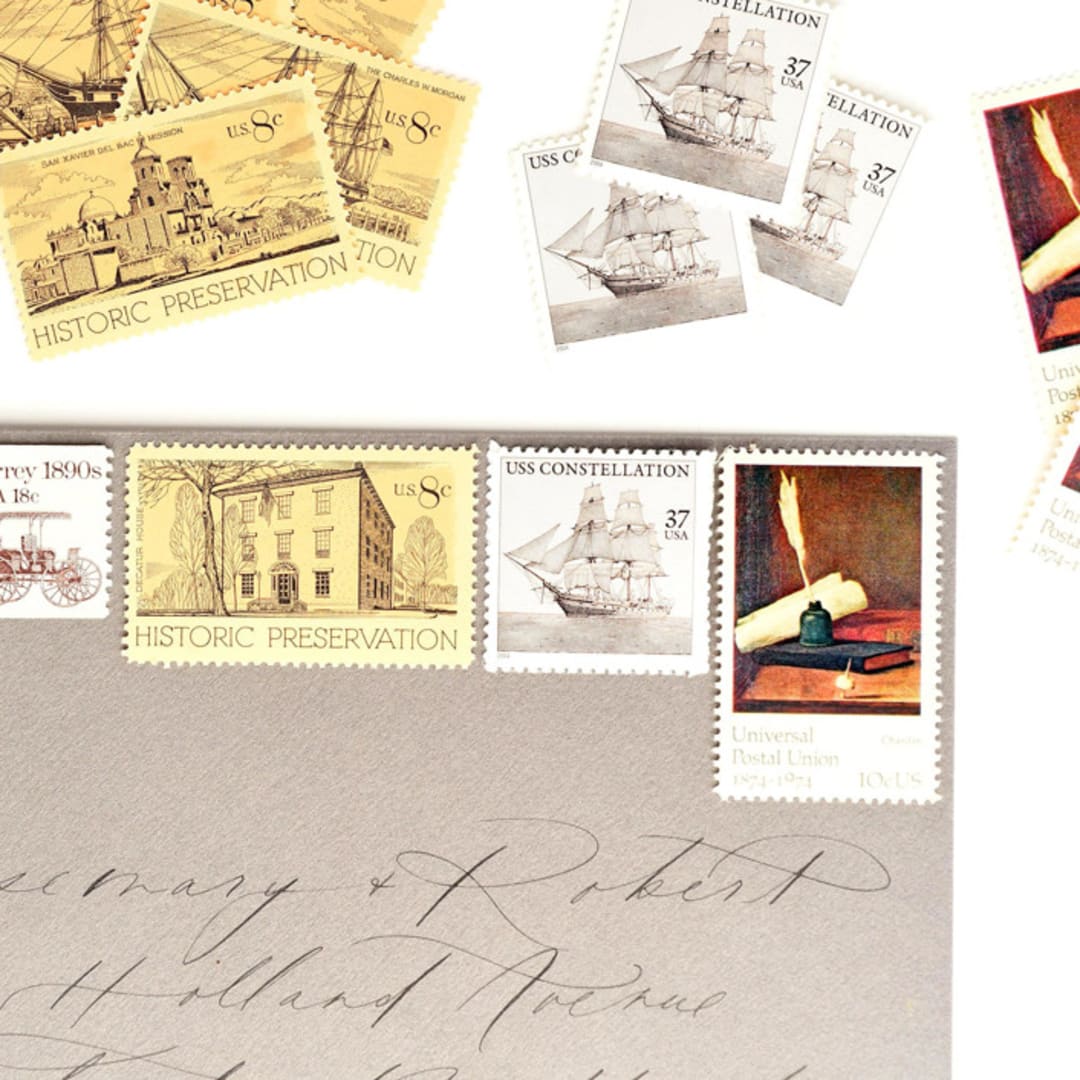 "Neutral & Nautical Vintage Postage Set // Set of 5 // 1 ounce // 73 Cents each" - Postage Stamps in beige by Flourish Fine Writing