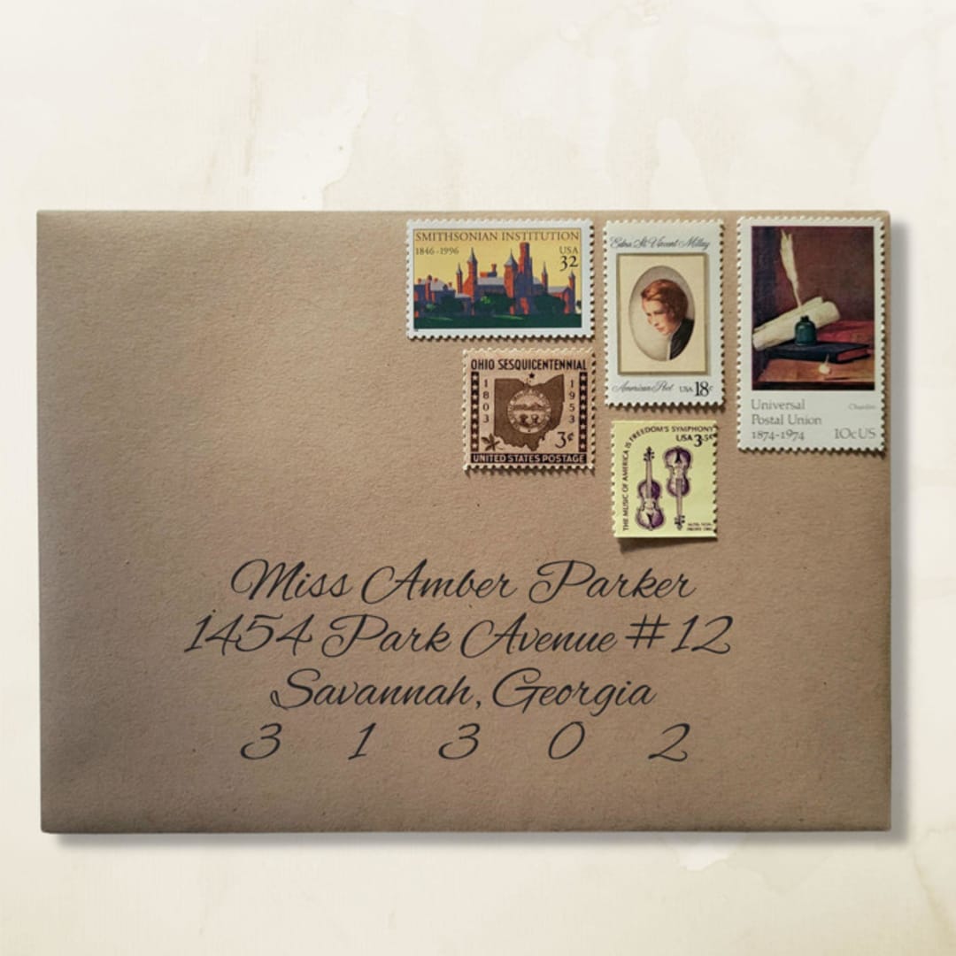 "Warm Neutrals Vintage Postage Set | "Classical Romance" | One Ounce | Set of 5" - Postage Stamps in beige by The Silver Stamps