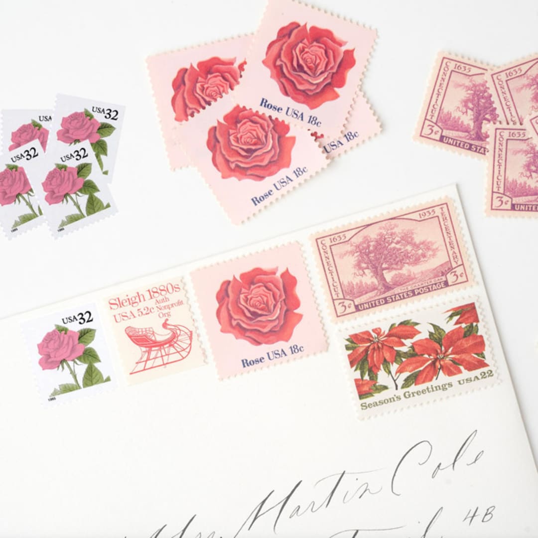 "Pink Roses and Red Poinsettias Holiday Postage Set // Set of 5 // UNUSED // Christmas" - Postage Stamps in pink by Flourish Fine Writing