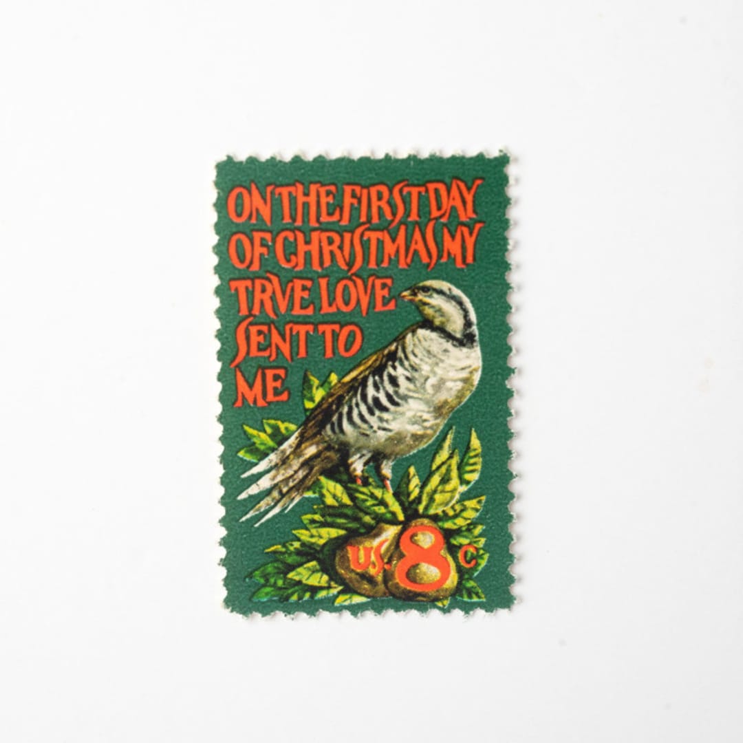 "8 Cent Partridge in a Pear Tree Postage Stamps // Set of 10 // Twelve Days of Christmas" - Postage Stamps in green by Flourish Fine Writing
