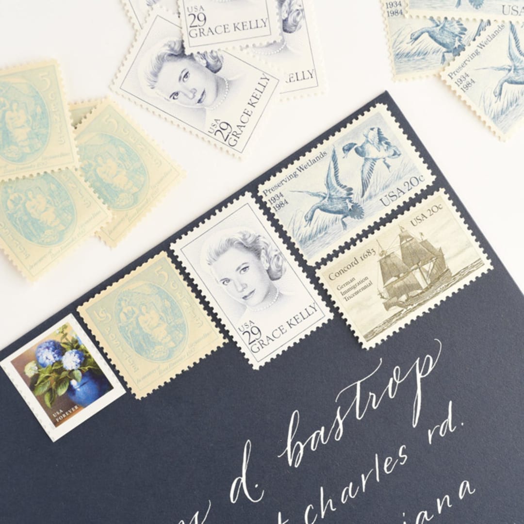"Blue Hydrangea and Grace Kelly Postage Stamp Set  // Set of 5 // $1.52 in postage" - Postage Stamps in blue by Flourish Fine Writing