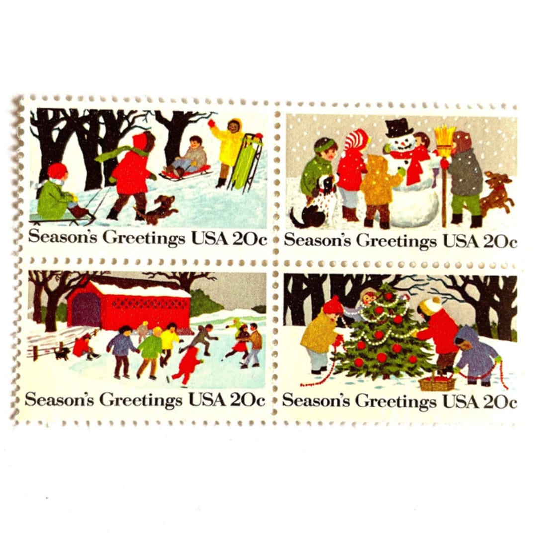 ""Season's Greetings" Set of 4 Postage Stamps | Contemporary Christmas Series | Unused USPS Postage 20c each stamp/80c total per set | Pack of 10 Sets" - Postage Stamps in multicolor by Heritage Post House