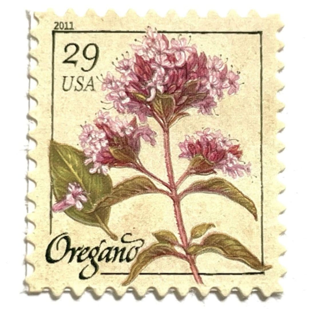 "Oregano Flower Postage Stamps | Herbs Series | Vintage Unused USPS Postage 29 cents | Pack of 10" - Postage Stamps in pink by Heritage Post House