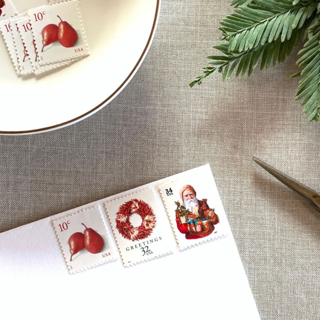 "Christmas Red Wreath Vintage Postage, 10 Sets" - Postage Stamps in red by Jennifer Kramer