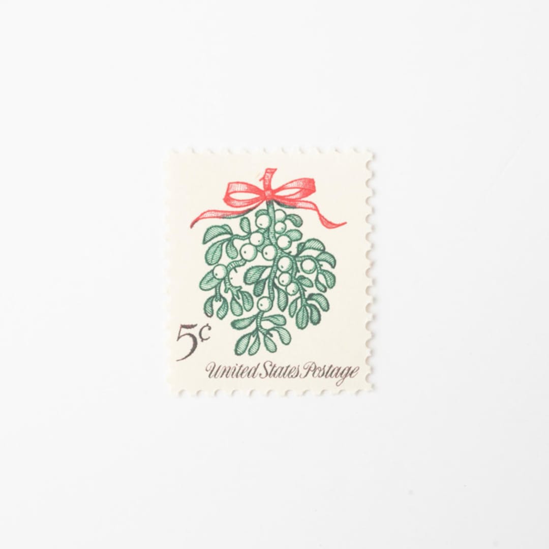 "5 Cent Christmas Mistletoe Stamps // Set of 10 // UNUSED Vintage Stamps" - Postage Stamps in green by Flourish Fine Writing