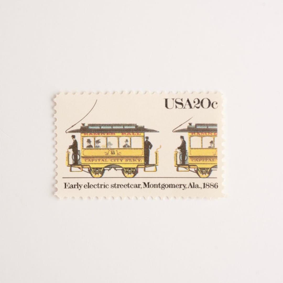 "20 Cent Early Electric Streetcar, Montgomery, Ala, 1886 Postage Stamps // Set of 10 // UNUSED Vintage Stamps" - Postage Stamps in yellow by Flourish Fine Writing