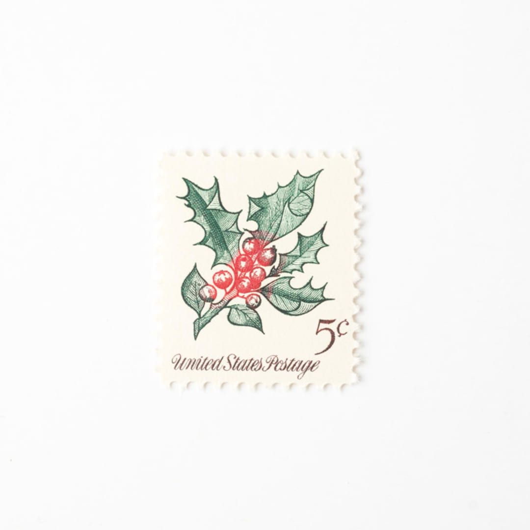 "5 Cent Christmas Holly Postage Stamps // Set of 10 // UNUSED Vintage Postage" - Postage Stamps in green by Flourish Fine Writing